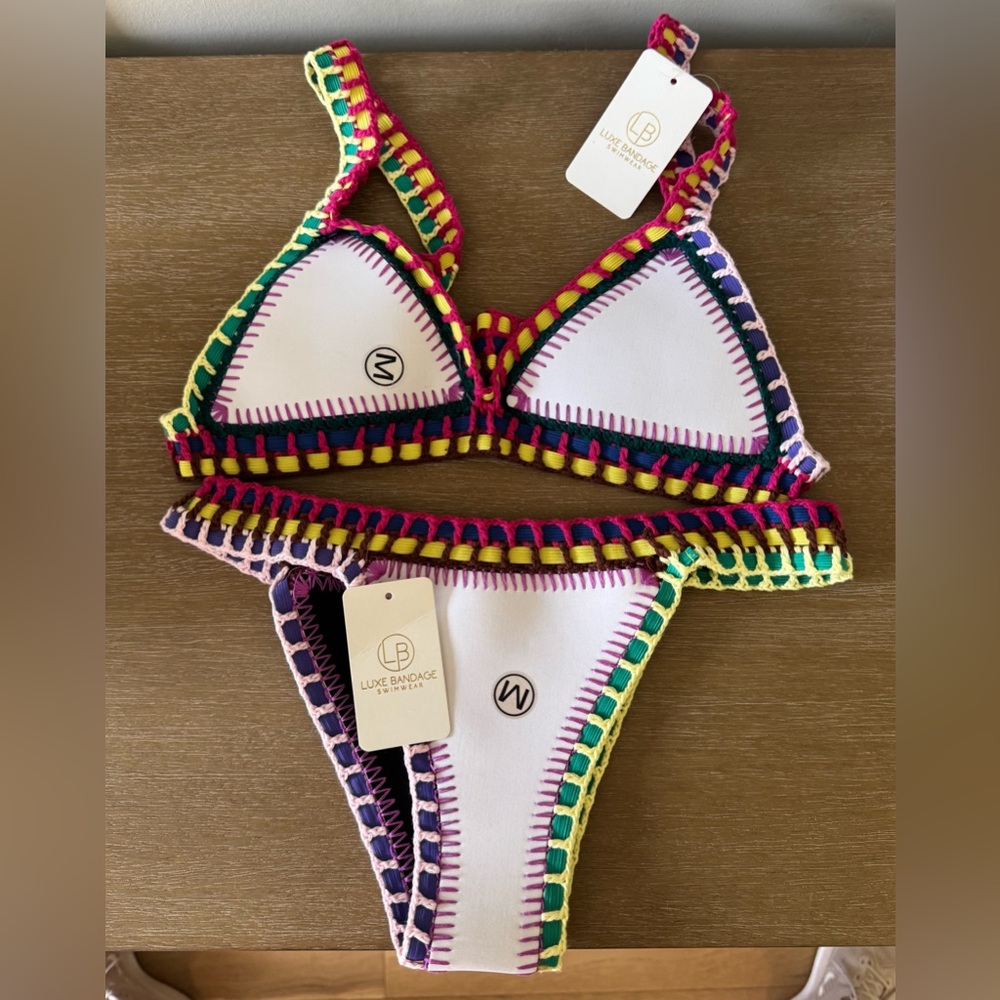 Colorful Crochet Trim Wet Suit Material Bikini Set Sz M with Tags